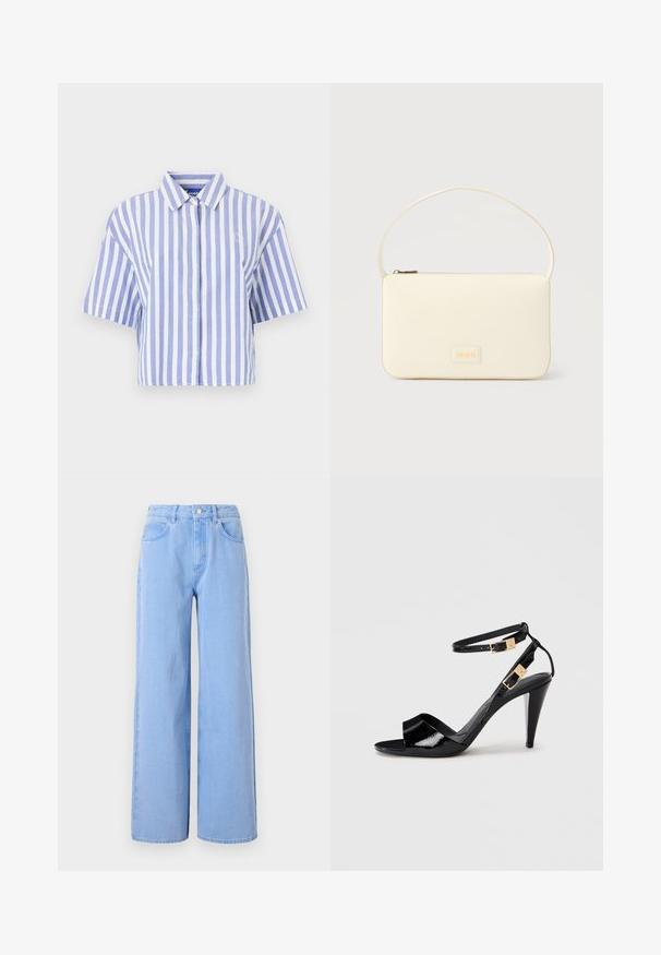 Korte mouw shirt in lichtblauw en witte verticale strepen, met knoopsluiting aan de voorkant, klassieke kraag, zachte textuur.; Lichtblauwe wijde denim jeans. Heeft een aangesloten taille met riemlussen en voorzakken, stiksel details en een schone zoom.; Zwart lakleren hoge hak sandaal met dubbele enkelbandjes en gouden gespen, open teen en slanke, taps toelopende hak op een neutrale achtergrond.; Roomkleurige rechthoekige handtas met een enkele draagband en een ritssluiting aan de bovenkant, met een klein ingegraveerd logoplacaat op de voorkant.