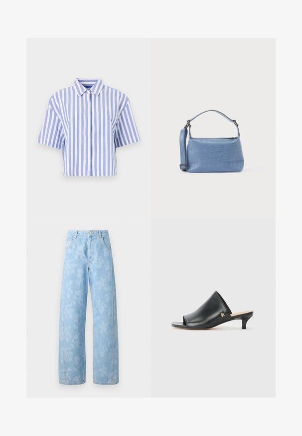 Camisa de manga corta recortada en rayas verticales en azul claro y blanco, con botones en la parte delantera, cuello clásico y tejido suave.; Mads Nørgaard ART CHRISTEL - Vaqueros boyfriend - light denim; Mules de cuero negro de punta abierta con un tacón bajo. Presentan una superficie lisa y un acento del logo dorado en el costado.; Bolso azul claro con relieve de cocodrilo, asa corta y correa de hombro desmontable. Textura lisa con cierre de cremallera.