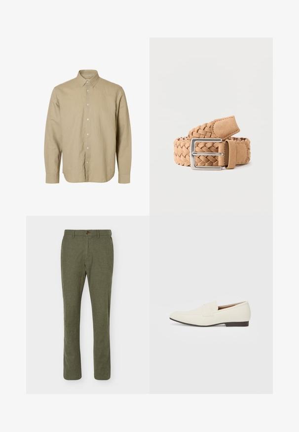 Chemise beige à manches longues avec col pointu et poignets boutonnés, présentée sur un fond blanc.; Pantalon à jambe droite vert olive avec fermeture par bouton et zip, passants de ceinture, et coupe slim.; Mocassins beige clair avec un bout pointu, en matériau lisse, une sangle sur le devant et une semelle basse marron. Design simple avec des accents minimalistes.; Ceinture tressée en daim marron clair avec une boucle rectangulaire en métal argenté, roulée sur un fond uni clair.