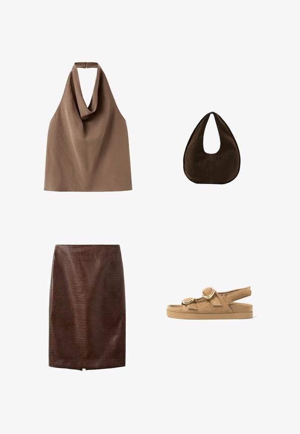 Haut marron sans manches à col halter drapé avec une petite fermeture à boucle à l’arrière du cou.; Jupe crayon en cuir synthétique marron foncé façon crocodile avec une petite fente avant à l'ourlet, longueur genou, sans fermetures apparentes ni ornements.; Sandale plate en daim beige avec deux larges brides dotées de boucles dorées et une bride arrière réglable sur une semelle épaisse en caoutchouc.; Sac à main en daim marron foncé en forme de croissant avec une seule sangle large et une texture lisse sur fond blanc.