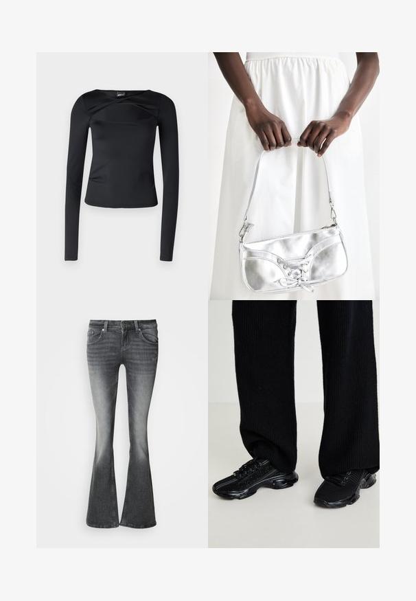 Top noir à manches longues en tissu lisse. Il présente un large col rond et un détail torsadé à l'avant, avec une silhouette ajustée.; Jean en denim gris foncé délavé avec légère usure, style à cinq poches et jambes évasées.; Baskets noires avec une tige en tricot texturé, forme élégante et semelle noire brillante, présentant des accents réfléchissants subtils et un système de laçage.; Sac à main en métal argenté avec un détail à lacets, arborant un design épuré et une courte sangle. Le sac est tenu dans les mains, mettant en valeur sa texture.