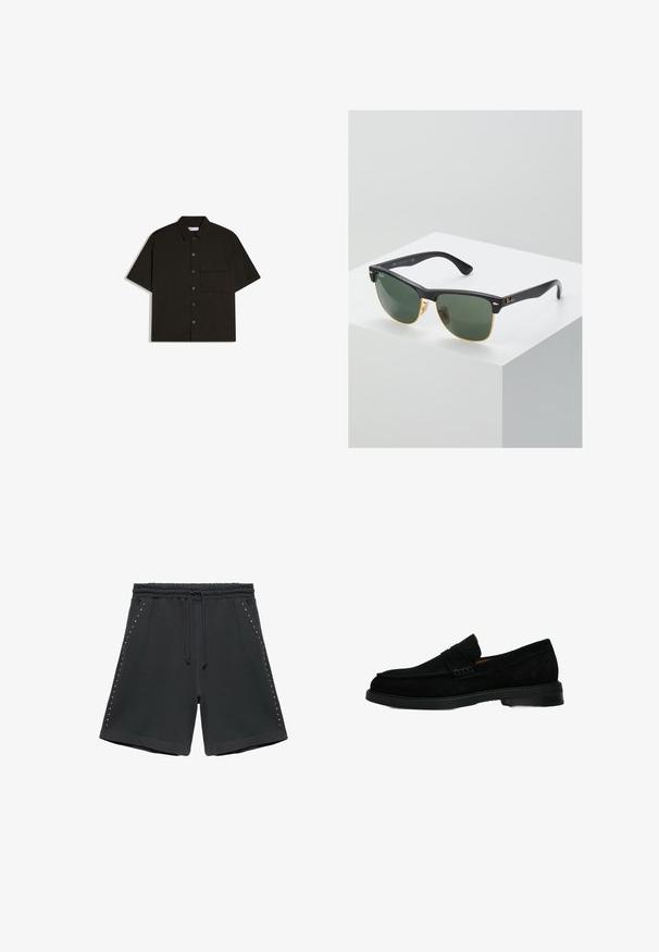 Chemise noire à manches courtes avec col et une poche poitrine unique à rabat sur fond blanc.; Short noir à cordon de serrage avec ceinture élastique et petits clous argentés disposés verticalement le long des deux coutures latérales, posé à plat sur un fond blanc.; Mocassins en daim noir avec un bout arrondi, une couture décorative et une semelle en caoutchouc plate. L'intérieur présente une doublure contrastante en tan.; Lunettes de soleil Ray-Ban avec des verres verts, monture en plastique noir et accents dorés sur les bords. Forme carrée avec une finition mate.