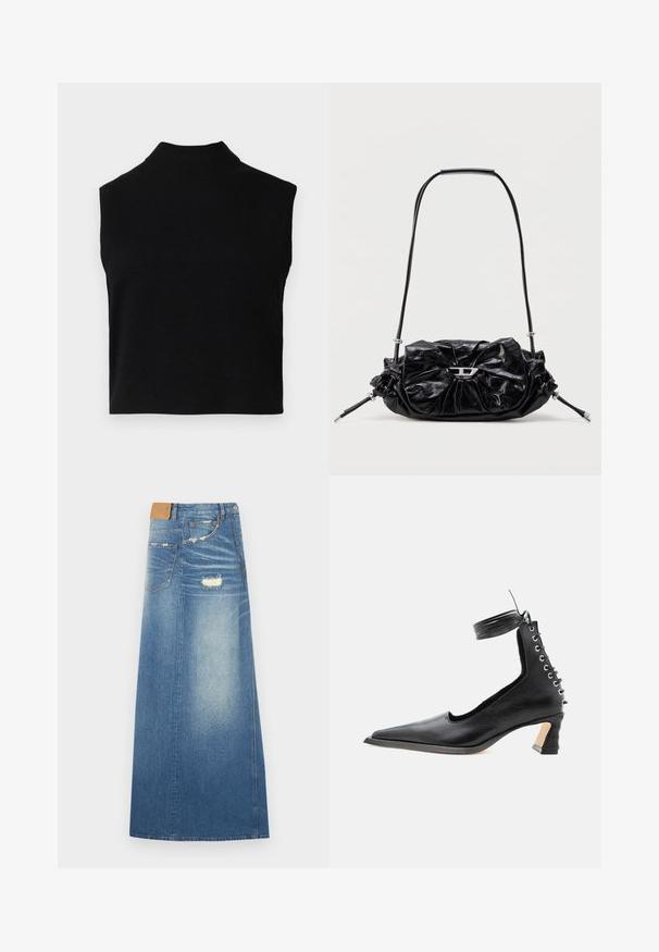 Sort ærmeløs turtleneck-top med en tætsiddende pasform, lavet af blødt stof, med en ribbet halsudskæring og en glat overflade.; Denim maxi nederdel i lyseblå med høj talje, slidte detaljer, lommer og lige silhuet, lavet af bomuldsstof.; Sort lavhælet lædersko med spids tå, snøredetalje bagpå og ankelrem mod en ensartet hvid baggrund.; Sort læderhåndtaske med et opsamlet design og sløjfedetalje foran. Har en kort hank og sølvfarvede hardware-accenter.