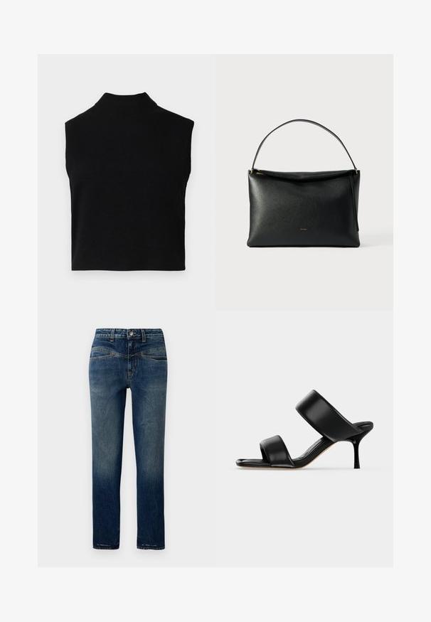 Sort ærmeløs turtleneck-top med en tætsiddende pasform, lavet af blødt stof, med en ribbet halsudskæring og en glat overflade.; Mørkeblå denim jeans med lige snit, der har lys fading, orange syninger og en knaplukning i taljen.; Sort læder mule sandal med to brede remme og en slank mellemhøj stiletthæl på en ensartet lys baggrund.; Sort læderhåndtaske med en glat tekstur, et buet håndtag og en lynlåsdetaile i guldton. Minimalistisk design med et diskret logo.