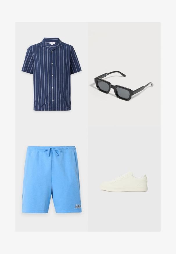 Chemise bleu marine à manches courtes avec des rayures blanches verticales et un col à pointes.; Shorts décontractés bleu clair avec taille élastique et cordon, avec un petit logo "GAP" sur la partie inférieure de la jambe droite.; Baskets blanches avec une tige à texture lisse, bout arrondi et laçage traditionnel, arborant un design minimaliste et une semelle en caoutchouc.; Lunettes de soleil rectangulaires noires avec des montures épaisses et des verres teintés foncés, inclinées sur un fond blanc.