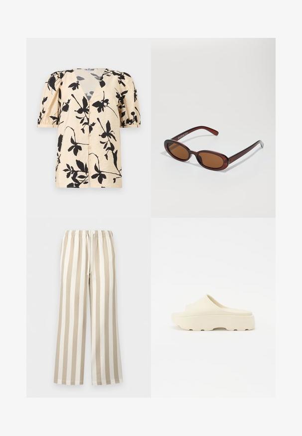 Blusa beige de manga corta con estampado floral negro, escote en V, mangas abullonadas y cierre frontal con botones.; Pantalones de pierna ancha con rayas verticales en beige y blanco, cintura elástica y cierre con cordón.; Sandalia beige sin correa con una superficie lisa similar al caucho, puntera redondeada, suela gruesa y fondo texturizado para un mejor agarre. Diseño minimalista.; Gafas de sol redondas con tinte marrón y un marco burdeos brillante. Patillas delgadas con un sutil detalle de marca. Diseño de lentes planos.