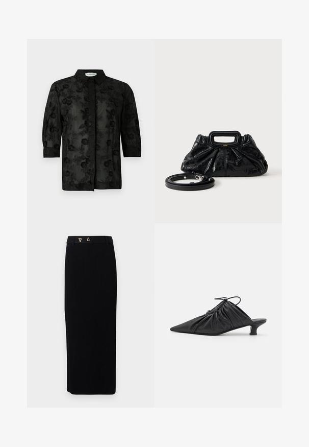 Zwarte shirt met bloemen borduursel, lange mouwen en een kraag. Doorzichtig materiaal met een gestructureerde afwerking en verfijnde details.; AERON FORUM - Kokerrok - black; Zwarte leren instappers met een spitse neus, gegatherde textuur en een kleine kittenhiel. Heeft een trekkoorddetail aan de opening.; Kleine zwarte leren handtas met geplooide textuur, rechthoekige handgreep en afneembare dunne schouderriem ernaast geplaatst.
