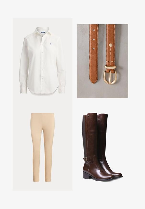 Hvid langærmet skjorte med knapper, krave og lille blåt logo af en polospiller på venstre bryst.; Beige slim-fit ankellange bukser med en glat finish og uden synlige lommer eller pynt på en ensfarvet baggrund.; Brune læderknæhøje støvler med glat finish, kontrasterende stofpanel, ankelspænde detalje og lav blokhæl.; Brunt læderbælte med en tekstureret finish, der har spænde i guld-tone metal og syningsdetaljer, inklusive fem huller til justering.