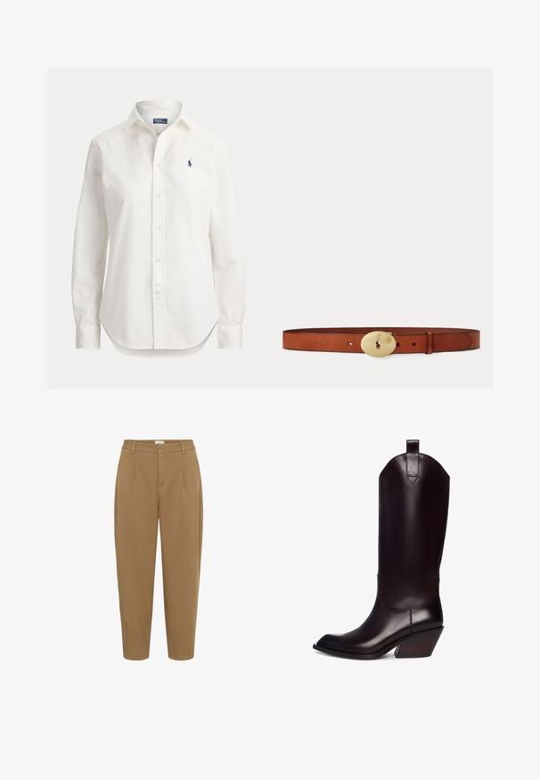 Witte blouse met lange mouwen, knopen, kraag en klein blauw logo van een polospeler op de linkerborst.; Kaffe KAMERLE CROPPED - Broek - toasted coconut; Bruine leren cowboylaars met een puntige neus, hoge schacht en hellende houten hak. Voorzien van een lus voor gemakkelijke aan- en uittrekken.; Bruine leren riem met een glanzende gouden ovale gesp met de silhouet van een polo-speler die een mallet vasthoudt.