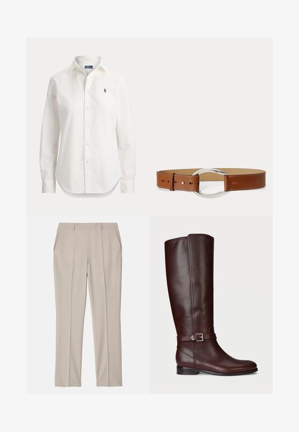 Valge pika varrukaga nööbitav triiksärk, krae ja väikese sinise polomängija logoga vasakul rinnal.; Filippa K EMMA TROUSERS - Püksid - desert tau; Pruun nahkne kuni põlve saabas sileda tekstuuriga, hõbedase tooni klambrid ja madal kühveldatud konts. Omab peeneid sisetikkimise detaile.; Pruun nahast vöö poleeritud hõbedase ovaalse pandlaga, mitme reguleerimisauguga ning õmmeldud servadega hele taustal.