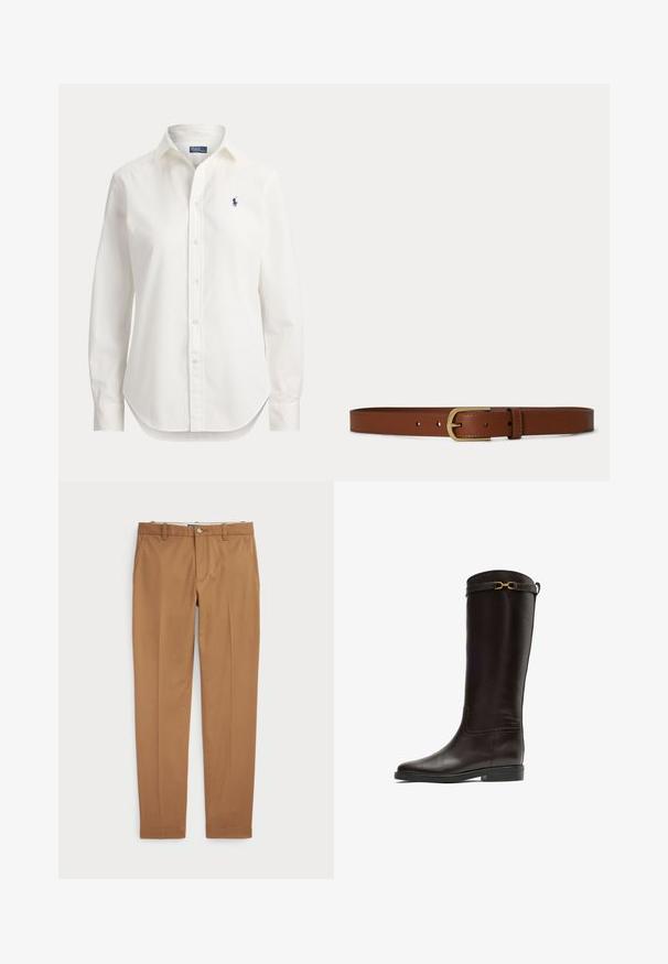 Hvid langærmet skjorte med knapper, krave og lille blåt logo af en polospiller på venstre bryst.; Brune bomuldsbukser med slim-fit design, flad front og standard lommer; glat tekstur og opkradset afslutninger.; Høj, mørkebrun læder ridestøvle med lav hæl og en gylden dekorativ spænde nær den øverste kant.; Brunt læderbælte med en guldfarvet rektangulær spændelås og flere justeringshuller på hvid baggrund.