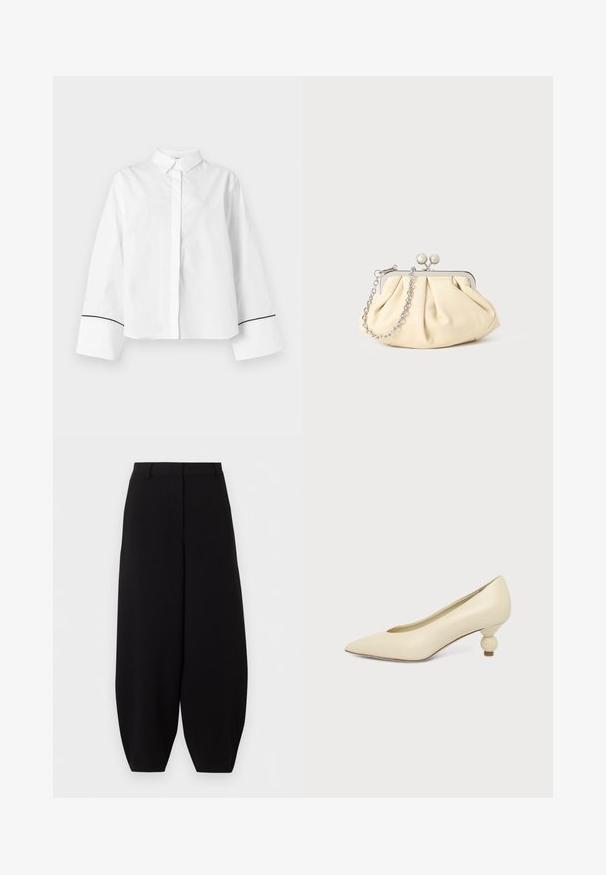 Chemise blanche à manches longues boutonnée, col pointu, larges poignets avec fine bordure noire près des extrémités, devant uni et coupe décontractée.; Pantalon noir à jambes larges et courtes, taille haute, sans poches visibles ni ornements.; Chaussure femme couleur crème à bout pointu avec un petit talon rond en forme de boule, sur fond uni.; Pochette en cuir beige plissé avec un cadre en métal argenté, dotée de deux fermoirs ronds décoratifs et d'une chaîne en argent.