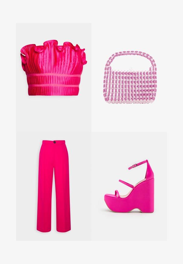 AMUR ORIEL - Top - dahlia pink; Fuchsia brede bukser med høj talje, frontfald og en enkelt sort knaplukning. Glat tekstur og skræddersyet design.; Lyserøde platform sandaler med en høj kilehæl, der har to tynde stropper foran og en ankelrem med en metallisk spænde. Glat tekstur.; Lille håndtaske lavet af skiftevis rækker af pink ovale og klare runde perler med en perlehåndtag og lukning.