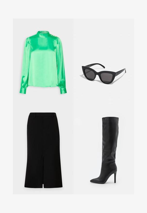 Vero Moda VMLOLA BUTTON - Bluse - bright green; Sort knælang nederdel med en lige silhuet, der har en frontslids, glat tekstur og skræddersyet talje.; RAID TALISHA - Høje støvler/ Støvler - black; Sorte cat-eye solbriller med mat finish, der har grå tonede linser, skarpe vinkler og slanke sidearme. Mærkenavnet er synligt på den indre arm.