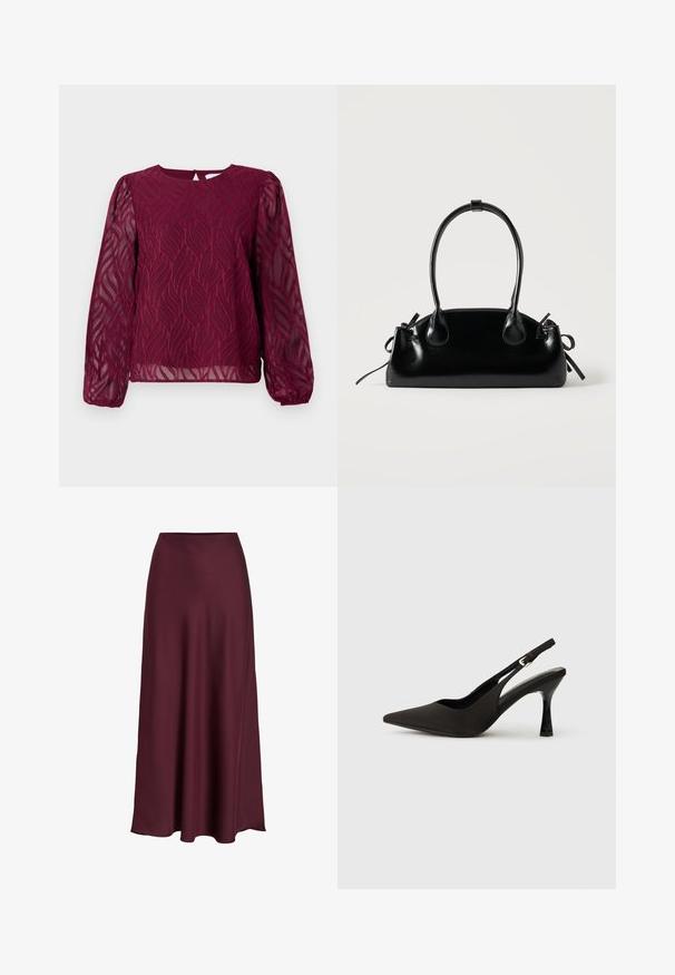 Bordeaux bluse med gennemsigtige lange ærmer, der har et bladmønster i broderede detaljer og en rund halsudskæring med en nøglehulslukning i ryggen.; Bordeaux satin maxiskirt med en glat tekstur, høj talje og en flydende silhuet, der svømmer blidt ud mod nederkanten.; Sorte slingback hæle med spids tå, glat mat finish og en slank, blank hæl. Justerbar rem med lille spænde detaljer.; Lille sort blank håndtaske med to lange håndtag og snøre-detaljer i siden på en ensfarvet lys baggrund.