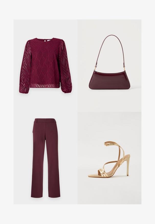 Burgundia blouse, millepikkade läbipaistvate varrukatega, millel on lehefooliumiga tikitud detailid ja ümmargune kaelus, millel on võtmeaugu tagaosa sulgemine.; Burgundiapunased sirge lõikega püksid, valmistatud siledast kangast, millel on lamedad vöökohad ja peened õmbluselemendid.; Even&Odd by Zalando Sandaalid - gold; Tume burgundia läikiv käekott ühe õhukese sangaga ja sujuva trapetsikujuga helel ühtlasel taustal.