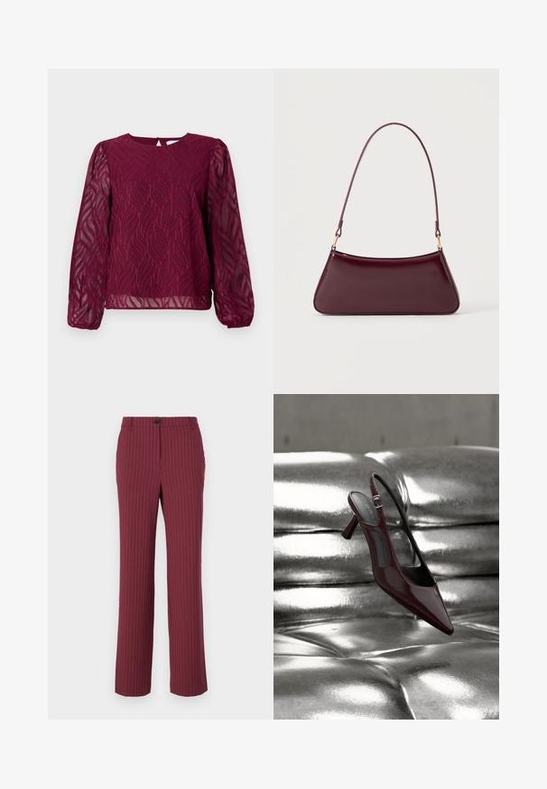 Burgundia blouse, millepikkade läbipaistvate varrukatega, millel on lehefooliumiga tikitud detailid ja ümmargune kaelus, millel on võtmeaugu tagaosa sulgemine.; Bordo triibulised püksid sirge lõikega, nupuga kinnitamine ja pööningud. Sile kangas vertikaalsete joontega täiendava detailina.; Läikiv tume punane kõrge kontsaga slingback-king, millel on terav nina, eksponeeritud läikival hõbedasel tikitud nahkpinnal.; Tume burgundia läikiv käekott ühe õhukese sangaga ja sujuva trapetsikujuga helel ühtlasel taustal.