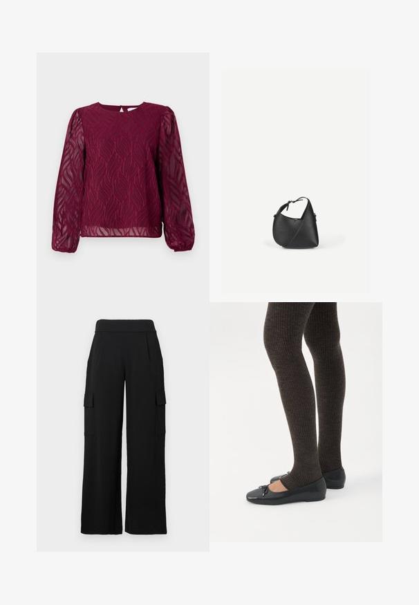 Bordeaux blouse met doorzichtige lange mouwen, voorzien van een bladerenpatroon in geborduurde details en een ronde halslijn met een sleutelgat-achtige sluiting aan de achterkant.; Zwarte cargobroek met een wide-leg design, gemaakt van een glad, rekbaar materiaal. Voorzien van twee zijzakken met kleppen en een hoge tailleband.; Benen met donkere geribbelde leggings gecombineerd met zwarte ballerina's met kleine strikdetails op een witte achtergrond.; Zwarte lederen schoudertas met een afgeronde driehoekige vorm en verstelbare riem op een effen lichte achtergrond.