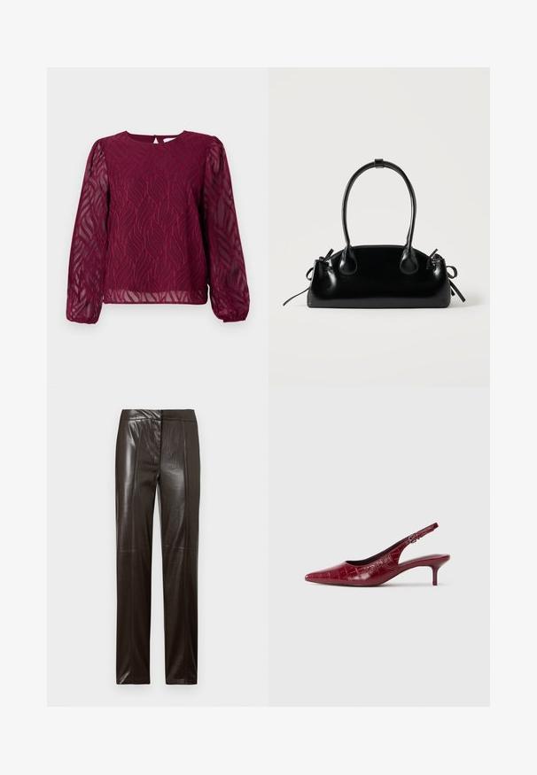 Blouse bordeaux à manches longues transparentes, ornée d'un motif de feuilles en broderie et d'un col rond avec une fermeture par un trou de clé au dos.; Pantalons en cuir marron foncé à jambes droites, avec une finition lisse et de subtiles coutures le long de l'avant.; Escarpin à talon kitten en cuir bourgogne avec texture crocodile, bout pointu, bride ajustable et talon bas sur fond blanc.; Petit sac à main noir brillant avec deux longues anses et des détails à cordon sur les côtés sur un fond clair uni.