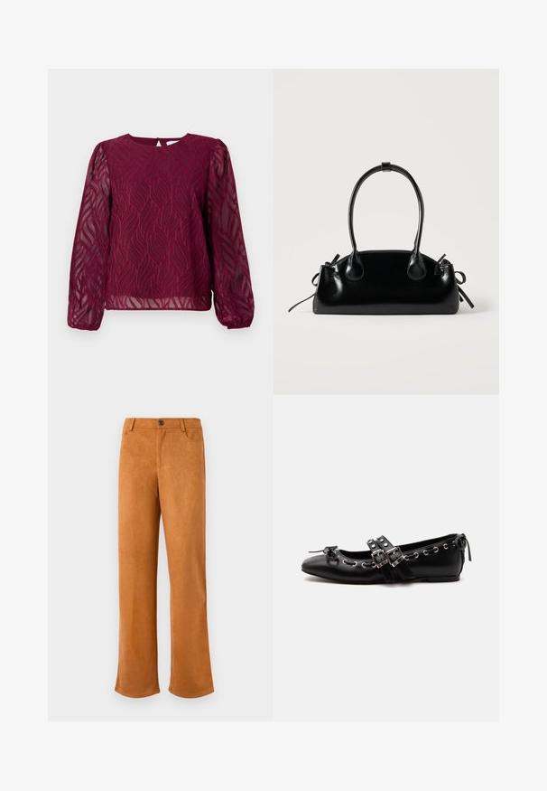Blouse bordeaux à manches longues transparentes, ornée d'un motif de feuilles en broderie et d'un col rond avec une fermeture par un trou de clé au dos.; Pantalons en cuir suédé marron avec une coupe droite, dotés d'une fermeture éclair, d'un bouton de fermeture et de poches avant classiques. Texture douce et couleur unie.; Chaussure de ballet plate noire avec doubles brides à boucle, œillets argentés et petit nœud près de l’orteil arrondi sur fond blanc.; Petit sac à main noir brillant avec deux longues anses et des détails à cordon sur les côtés sur un fond clair uni.