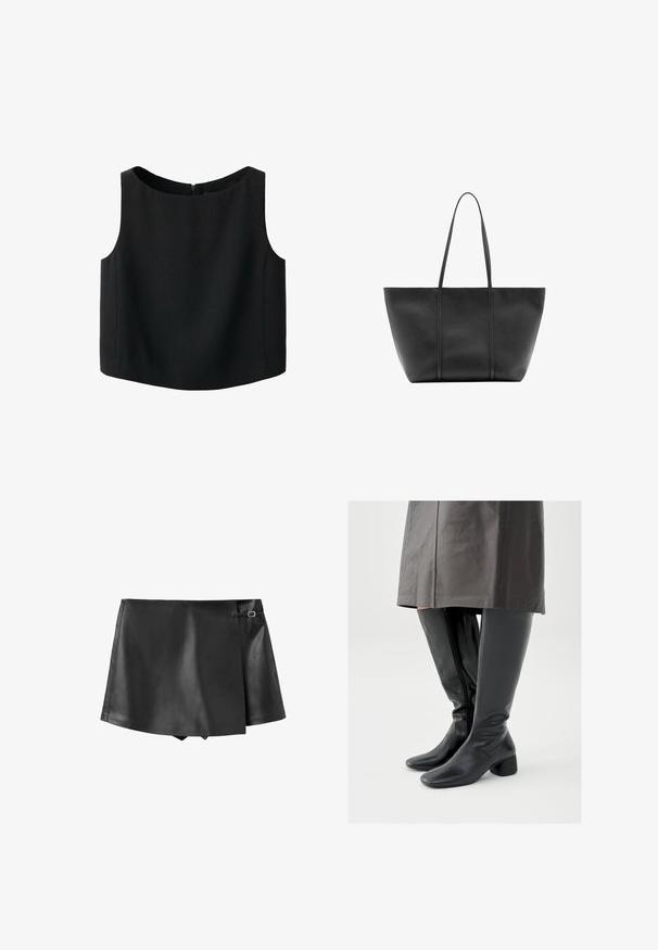 Haut noir sans manches avec un col rond et une texture de tissu lisse. Il possède une fermeture éclair discrète au dos et un ourlet droit.; Mini-jupe noire en simili cuir avec un rabat avant chevauchant et un petit détail boucle sur le côté.; Bottes en cuir noir montant jusqu'au genou avec un bout carré, un talon bloc incliné et une fermeture éclair latérale ; texture lisse et design ajusté.; Sac cabas en cuir noir avec de longues anses fines, une surface texturée et une ouverture large en haut.