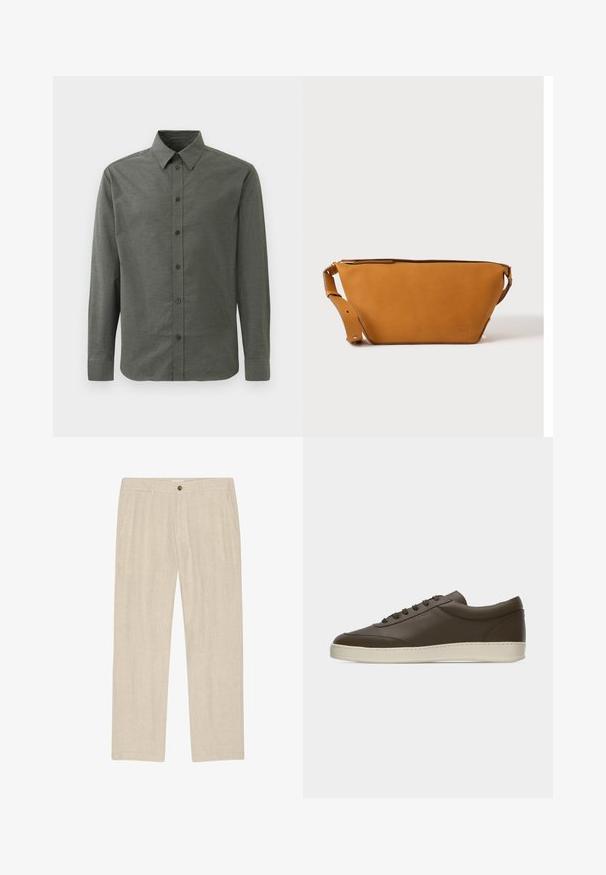 Camisa de botones de manga larga en verde oscuro, hecha de un tejido texturizado. Presenta un cuello clásico y cinco botones en la parte delantera.; Pantalones beige de pierna recta con bolsillos delanteros, cierre de botón y cremallera, confeccionados con tejido ligero y texturizado.; Zapatilla deportiva de cuero marrón oscuro, de corte bajo, con cierre de cordones y suela de goma color crema, vista desde el lado exterior sobre fondo blanco.; Bolso bandolera de cuero marrón claro con correa ajustable y cierre de cremallera, mostrado sobre un fondo claro y liso.