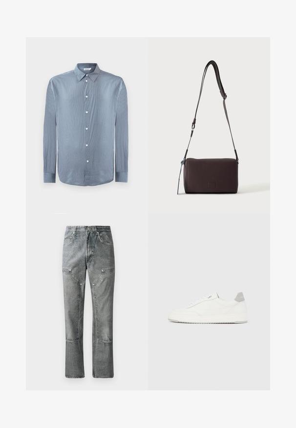 Lange mouwen blauw-wit gestreepte overhemd met kraag en witte knopen, plat weergegeven op een witte achtergrond.; Grijze denimjeans met een rechte snit, voorzien van frontzakken, zichtbare stiksels en een vervaagde afwerking. Het materiaal heeft een gladde textuur.; Witte lage sneaker met grijze hielpatch, witte veters en een gestructureerde zool, gepresenteerd op een effen lichte achtergrond.; Donkerbruine gestructureerde leren crossbodytas met verstelbare riem en klein decoratief blauw accent aan de zijkant.
