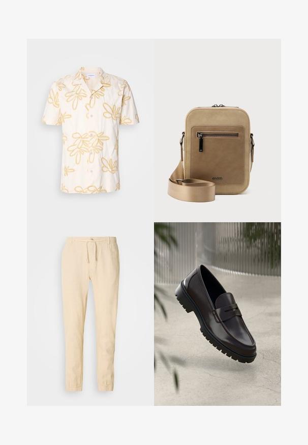 Chemise à manches courtes en tissu crème ornée de broderies florales jaunes, avec un devant à boutons et un design de col classique.; Pantalons en lin beige clair avec taille à cordon, jambes fuselées et poignets élastiques. Design simple avec une texture subtile.; Mocassins en cuir marron avec une semelle en caoutchouc texturée et striée. Présente un design épuré et une sangle décorative sur le cou-de-pied.; Petit sac bandoulière beige avec poche avant zippée, logo métallique ALDO, sangle large ajustable et forme rectangulaire arrondie sur fond blanc.