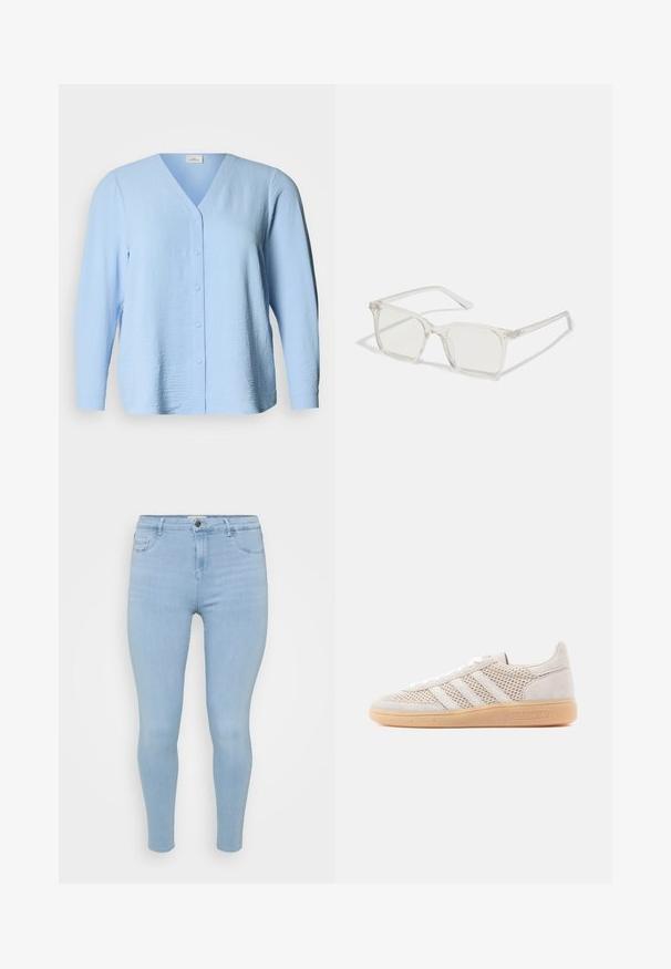 Lyseblå skjorte med lange ærmer og knapper, med V-hals, fremstillet i et tekstureret stof og med en afslappet pasform. Knapper løber ned foran.; Lysblå skinny jeans lavet af denim, med knaplukning, fem lommer og en glat, let falmet tekstur.; Lyse beige ruskindssneakers med meshdetaljer, tre hvide striber og en sål i gummigummi. Har snørelukning og mærkede accenter.; Klare plastiske briller med firkantet ramme og gennemsigtige linser, der har guld accenter på tempelstængerne for ekstra detaljer.