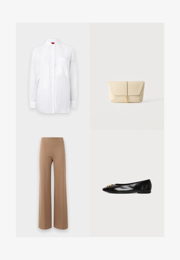 Camisa blanca de manga larga hecha de tejido ligero, con botones en la parte delantera, cuello y un bolsillo en el pecho izquierdo. Acabado sutilmente texturizado.; Pantalones de pierna ancha en un marrón claro, de tejido elástico con una textura suave y una cinturilla alta y elástica. Sin cierre visible ni bolsillos.; Zapato plano de cuero negro con punta afilada y emblema decorativo dorado sobre un fondo blanco liso.; Bolso de mano beige de cuero con solapa frontal y cierre vertical con correa, sobre un fondo claro y liso.