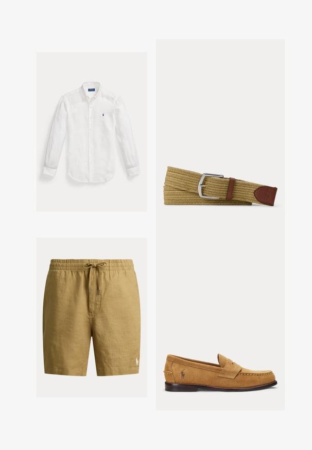 Valkoinen pitkähihainen nappisuljettava kauluksellinen paita, jossa vasemmalla rinnalla pieni sininen brodeerattu Polo Ralph Lauren -logo.; Keltaiset pellavashortsit, joissa on joustava vyötärönauha ja kiristysnauha. Alhaalla vasemmassa lahkeessa on pieni kirjailtu logo. Sileä pinta.; Vaaleanruskea mokkasiini, jossa on ommellut yksityiskohdat ja pieni kirjailtu hevosen logo sivulla, matalalla puukorolla ja liukukengän muotoilu.; Punotusta vaaleanruskeasta kankaasta valmistettu vyö, jossa hopeanvärinen solki ja ruskeat nahkakoristeet sekä nahkakärjessä kohokuvioitu hevosen logo.