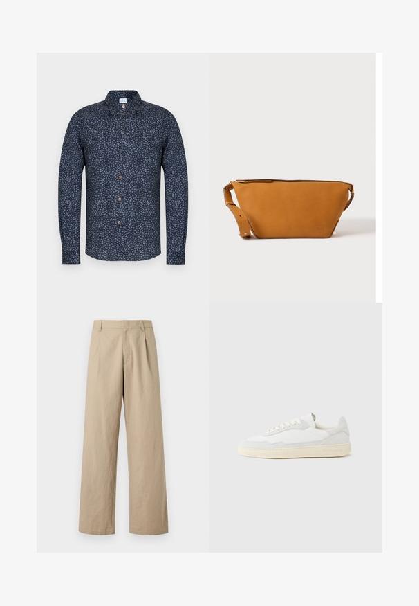 Chemise bleu marine à manches longues avec un petit motif floral, des boutons marron et un col classique. Fabriquée en tissu doux avec une texture lisse.; Pantalon beige à jambes larges avec passants de ceinture, fermeture éclair devant, et plis, présenté sur fond blanc.; Baskets blanches avec dessus en daim et cuir texturé. Caractérisées par un bout arrondi, une fermeture à lacets et une semelle en caoutchouc beige contrastante.; Sac bandoulière en cuir marron clair avec sangle réglable et fermeture éclair, présenté sur un fond clair uni.