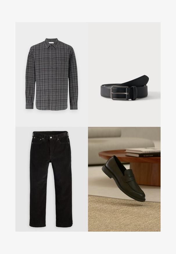 Zwart en grijs geruite button-up shirt met lange mouwen, borstzak, klassieke kraag en een lichte stofstructuur.; Zwarte fluwelen rechte broek met voorste knoop, ritssluiting, lussen voor een riem en vijf-pocketdesign op een effen lichte achtergrond.; Zwarte leren loafer schoen getoond in de lucht boven een beige geweven tapijt, met een houten tafel en gestapelde boeken in een zacht verlichte woonkamer.; Zwarte leren riem opgerold met een rechthoekige zilveren metalen gesp op een effen lichte achtergrond.