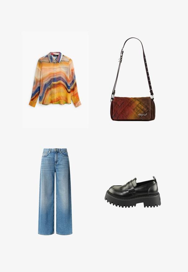 Chemise à manches longues boutonnée avec des rayures ondulées abstraites dans des tons orange, jaune, bleu, violet et beige, avec un col pointu.; Un jean en denim bleu à jambe large présente un délavage clair, une taille haute, des poches avant et un effet de dégradé subtil le long des jambes. Fini avec une fermeture à bouton.; Mocassins en cuir noir avec une semelle en caoutchouc noir épaisse et texturée. Présentent un bout rond et une sangle décorative sur le coup de pied.; Sac bandoulière rectangulaire avec une sangle ajustable brun foncé, présentant un tissu texturé tissé en dégradé de rouge, orange et marron avec un petit logo.