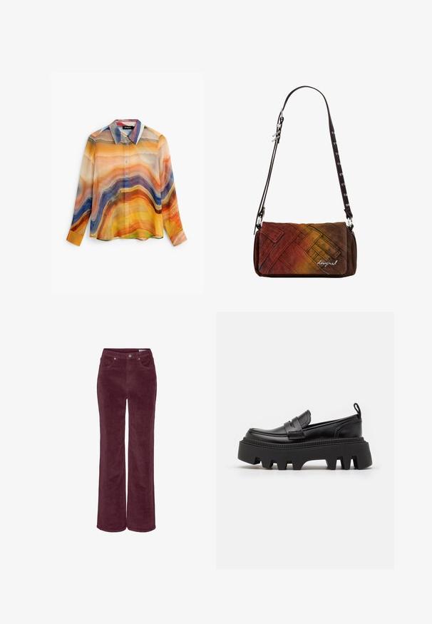 Chemise à manches longues boutonnée avec des rayures ondulées abstraites dans des tons orange, jaune, bleu, violet et beige, avec un col pointu.; Pantalon en velours côtelé de couleur bordeaux foncé, à coupe large. Dispose de poches avant et de passants pour ceinture, finition en tissu texturé.; Mocassins en cuir noir avec une semelle en caoutchouc noir épaisse, dotées de rainures antidérapantes et d'une sangle décorative à l'avant.; Sac bandoulière rectangulaire avec une sangle ajustable brun foncé, présentant un tissu texturé tissé en dégradé de rouge, orange et marron avec un petit logo.
