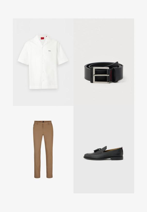 Witte korte mouw blouse met knopen en open kraag, klein "HUGO"-logo op de borst en een rood merketiket aan de binnenkant van de hals.; Lichtbruine broek van een katoenmix met een recht model, steekzakken aan de voorkant en een ritssluiting. Minimaal beslag en geen zichtbare patronen.; Zwarte leren herenslof met kwastjes, ronde neus, lage hak en trekkoord aan de achterkant, zijaanzicht op lichtgrijze achtergrond.; Zwarte leren riem opgerold met een zilveren rechthoekige metalen gesp en rode stiksel details nabij de gesp lus.