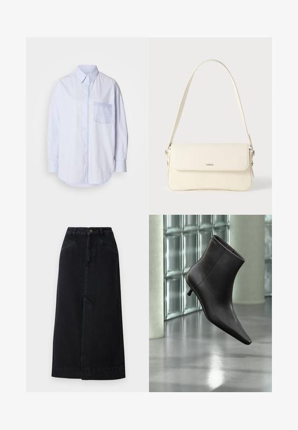 Chemise bleu clair à boutons avec manches longues, col standard et poche poitrine gauche ornée d'un tissu accent plus clair bleu.; Jupe midi en denim noir avec une coupe droite, fermeture par boutons à l'avant et poches latérales avec de subtils détails de couture.; Bottine en cuir noir avec bout pointu et petit talon, présentée devant un mur en blocs de verre et un sol poli.; Sac à bandoulière en cuir couleur crème avec fermeture à rabat, quincaillerie argentée, une bandoulière réglable et un logo discret.