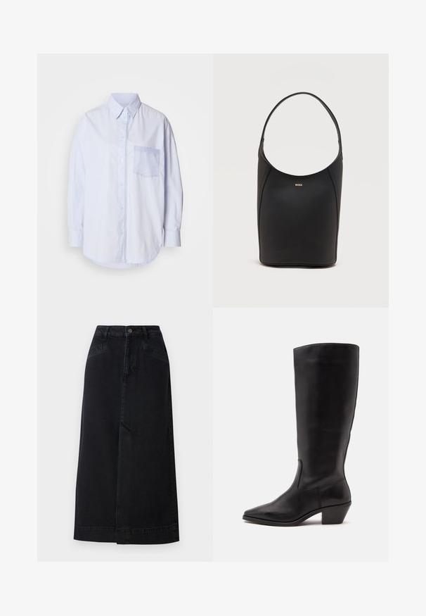 Lyseblå skjorte med knapper, lange ærmer, klassisk krave og en venstre brystlomme med en lysere blå detaljeret stof.; Sort denim midi nederdel med en lige pasform, frontlukning med knapper og sidelommer med diskrete syninger.; Sort læderstøvle til midtkalv med spids tå og lavt skråt hæl på en enkel lys baggrund.; Sort læder bucket taske med én skulderrem og lille guldfarvet BOSS-logo centreret tæt på toppen foran.