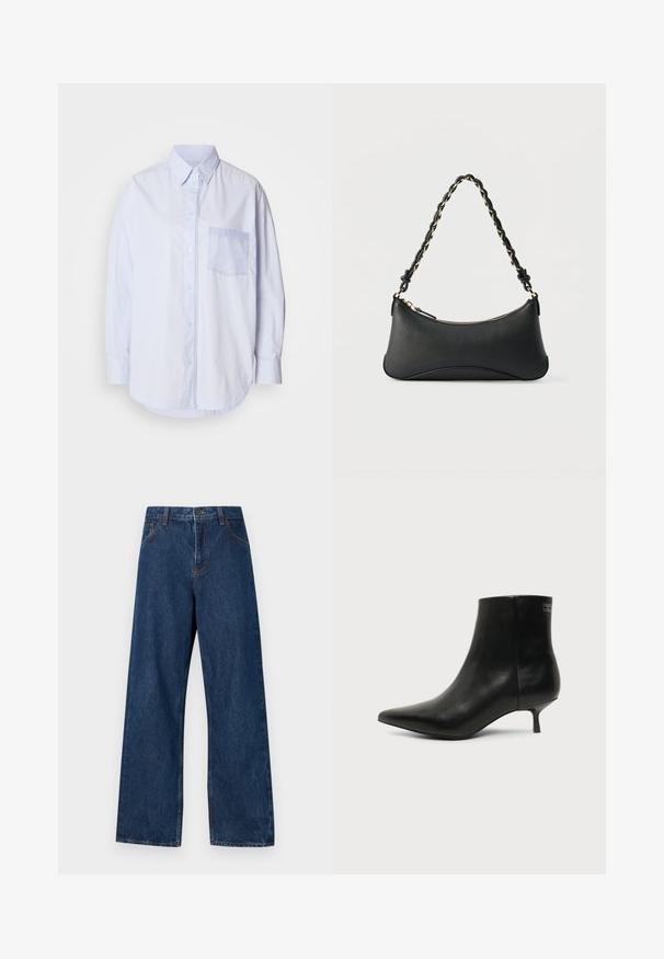 Lyseblå skjorte med knapper, lange ærmer, klassisk krave og en venstre brystlomme med en lysere blå detaljeret stof.; Mørkeblå brede jeans lavet af denim med et klassisk fem-lomme design. Har kontrastsyning og en frontlukning med knap.; Sort læder ankelstøvle med spids tå og lav kitten hæl på lys baggrund, der viser yderside.; Sort skuldertaske i læder med en buet rektangulær form, gyldent kæde vævet ind i en flettet sort rem og toplynlås.