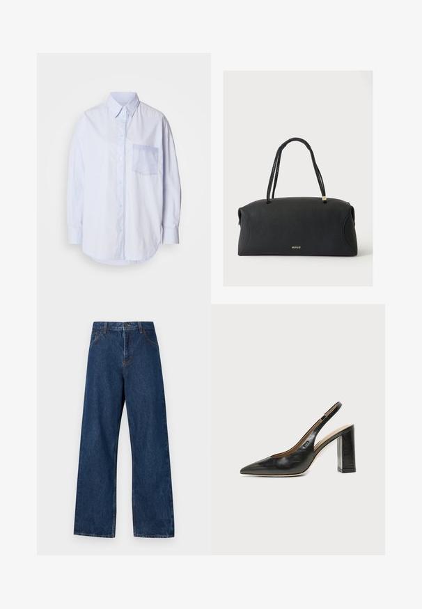 Chemise bleu clair à boutons avec manches longues, col standard et poche poitrine gauche ornée d'un tissu accent plus clair bleu.; Jean large en denim bleu foncé avec un design classique à cinq poches. Présente des coutures contrastées et une fermeture par bouton à l'avant.; Chaussure slingback en cuir noir à bout pointu avec un talon bloc haut et une doublure intérieure beige sur un fond clair uni.; Sac à main rectangulaire noir avec anses doubles tressées et logo doré "HUGO" au centre avant sur fond blanc.