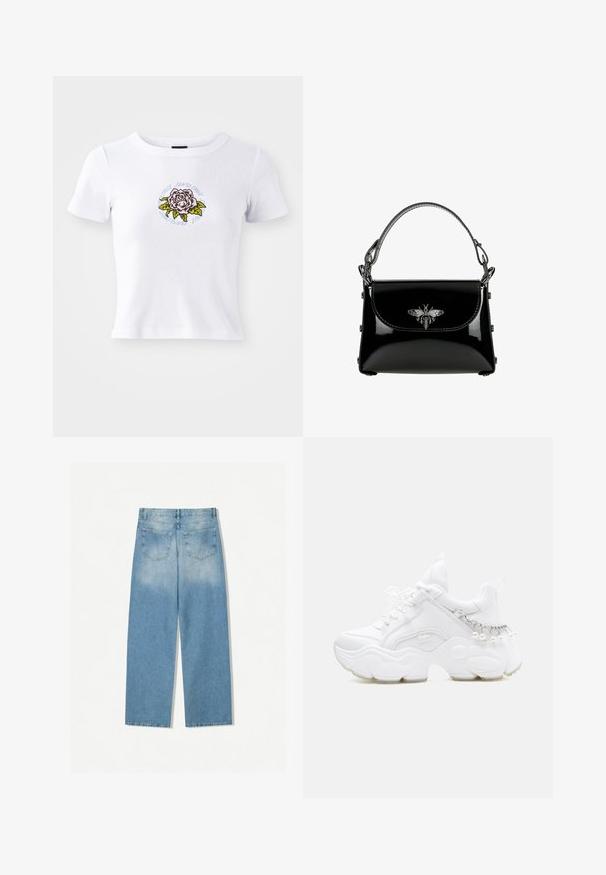 Weißes T-Shirt mit kurzen Ärmeln und figurnaher Passform, das ein zentriertes gesticktes Rosenmotiv und kreisförmigen Text um die Blume herum zeigt.; Helleblaue Denim-Jeans mit geradem Bein, ausgestattet mit zwei Gesäßtaschen und einer ausgebleichten Textur im oberen Bereich.; Weißer klobiger Sneaker mit dicker Sohle, Schnürsenkeln vorne und Kettendetail mit hängenden Perlen an der Ferse.; Schwarze Handtasche aus Lackleder mit einem oberen Griff und einer silbernen Bienenverzierung auf der Vorderklappe.