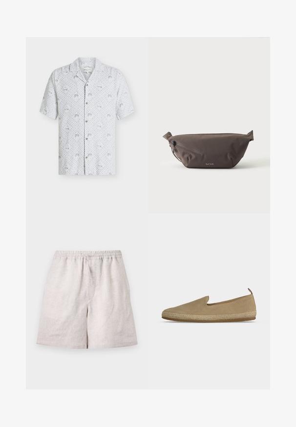 Chemise blanche à manches courtes avec boutons, imprimé tropical gris clair présentant des palmiers et des huttes en formes de losanges.; Shorts en lin beige clair avec taille élastique et cordon, longueur au genou, disposés à plat sur fond blanc.; Espadrille beige à enfiler avec dessus en daim, semelle intermédiaire en corde tressée, semelle extérieure en caoutchouc et languette au talon sur un fond clair uni.; Sac banane en tissu marron foncé avec poche zippée en diagonale et petit logo blanc sur le devant, sur un fond clair uni.