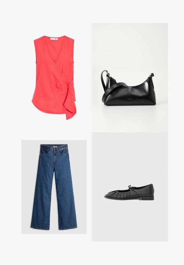 Ærmeløs koralviklet top med V-udskæring og sidetie-detalje, fremstillet af letvægtsstof, let udvidet kant.; Bredde ben blå denim jeans med høj talje, der har et klassisk fem-lomme design og en tekstureret taljebånd.; Sort flad sko med plisseret forstykke og bundet sløjfe på toppen, lav hæl og glat tekstur på en lysegrå baggrund.; Sort læderhåndtaske med en glat tekstur. Har en justerbar stropp og et enkelt, minimalistisk design med lynlås.
