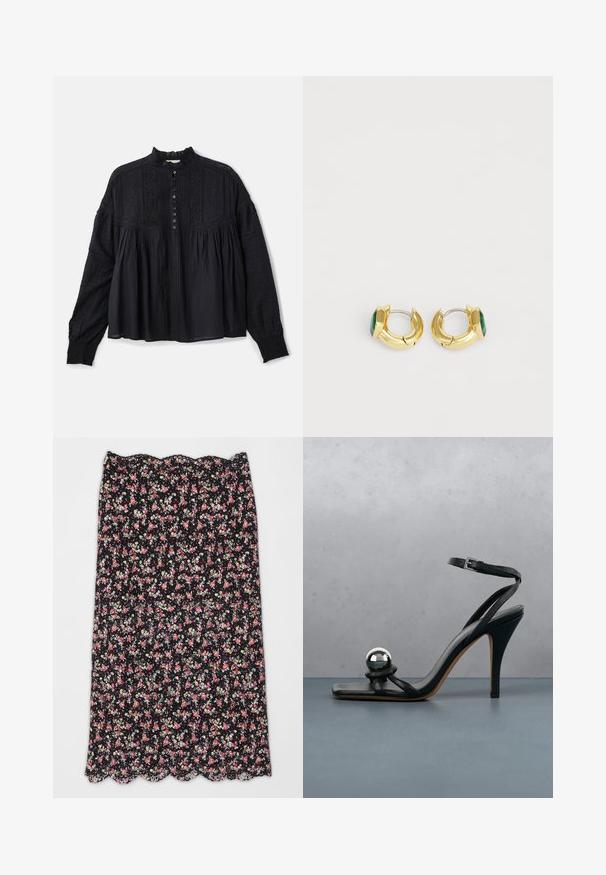 Vanessa Bruno DAHLIA - Bluse - noir; Blumenrock mit schwarzem Hintergrund, der rote und weiße Blumen zeigt. Mit gewelltem Saum und leichtem Stoff mit strukturiertem Muster.; Schwarze High-Heel-Sandale mit Knöchelriemen und metallisch silberner dekorativer Kugel auf einer Holzfliesenoberfläche im Freien mit verschwommenem Grün und Wand im Hintergrund.; Goldfarbene Creolen mit einem grünen facettierten Edelsteinakzent. Glatte Oberfläche mit leichter Krümmung, polierter Finish und minimalistisches Design.