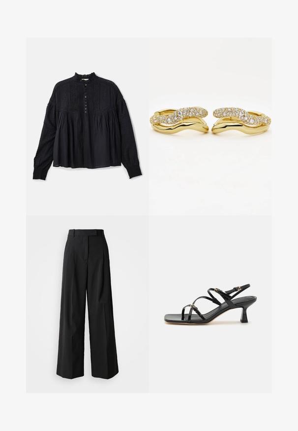 Vanessa Bruno DAHLIA - Blouse - noir; Zwarte wijde broekspijpen van een gladde stof met een hoge tailleband, voorzien van twee geplooide details aan de voorkant en een getailleerd ontwerp.; Zwarte patenten leren sandalen met banden, een vierkante neus en een lage blokhak. Voorzien van goudkleurige hardware en verstelbare enkelsbandjes.; Set gouden oorringen met verstrengelde gladde en met diamanten bezette golvende banden, naast elkaar weergegeven op een witte achtergrond.
