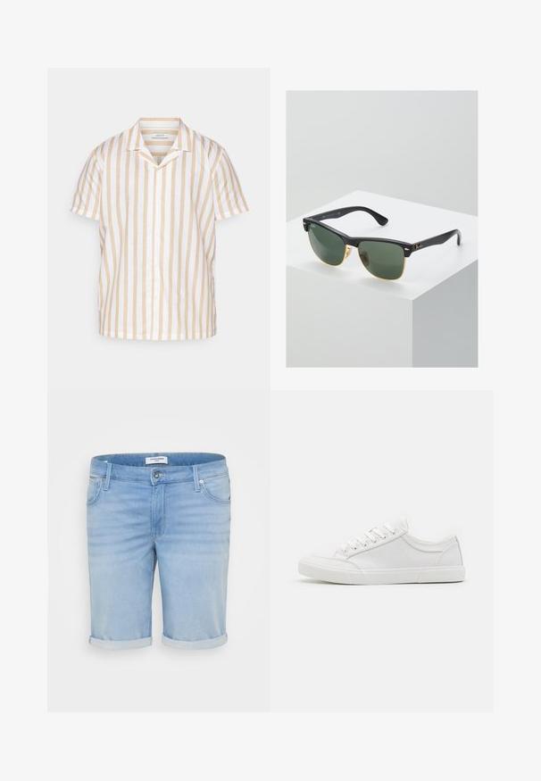 Kortærmet skjorte i let stof med lodrette striber i beige og hvid. Knaplukning foran og design med camp-krave.; Lysblå denimshorts med en let falmet finish, opfoldede bukseben, fem-lommer design og en metalknaplukning.; Hvide sneakers med en glat læderoverdel, rund tå, flad gummisål og seks øjestik til snørebånd. Subtile syninger og minimalistisk design.; Ray-Ban solbriller med grønne linser, sorte plastikstel og gyldne detaljer ved kanterne. Firkantet form med mat finish.