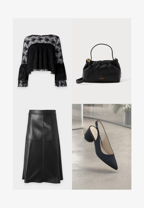 Schwarze Bluse mit langen Glockenärmeln, ausgestattet mit einem strukturierten gerippten Oberteil und einem transparenten floralen Spitzenüberzug. Gerundeter Ausschnitt und Knopfverschluss hinten.; Schwarzer A-Linien-Rock aus Leder mit einer glatten Textur, ausgestattet mit vertikalen Nahtdetails und einem Taillenband. Der Saum endet knapp unter dem Knie.; Schwarzer Slingback-High-Heel-Schuh mit spitz zulaufender Zehenpartie, glatter Textur und einem Metallelement am Absatz, ausgestattet mit einer kleinen verstellbaren Schnalle.; Schwarze Lederhandtasche mit gerafftem Oberteil, einem kurzen Griff und einem abnehmbaren Schulterriemen. Verfügt über ein goldfarbenes Logo-Accessoire und eine glatte Textur.