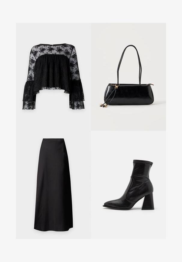 Blouse noire à manches longues en forme de cloche, présentant un corsage texturé à rayures et une superposition en dentelle florale transparente. Encolure arrondie et fermeture à boutons dans le dos.; Jupe maxi en satin noir avec une texture lisse, taille haute, silhouette fluide et sans motifs ni détails en métal visibles.; Bottines noires en cuir lisse, avec un bout pointu, un contrefort de cheville élastique et un talon empilé texturé.; Sac à main rectangulaire noir avec deux longues bandoulières, détail anneau doré et fermeture éclair sur un fond clair uni.