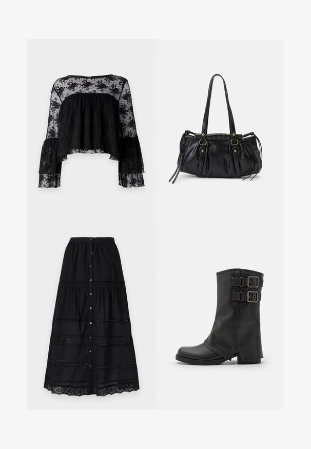 Blouse noire à manches longues en forme de cloche, présentant un corsage texturé à rayures et une superposition en dentelle florale transparente. Encolure arrondie et fermeture à boutons dans le dos.; Jupe longue en coton noire avec un design à volants, présentant des découpes en dentelle verticale et une fermeture à boutons sur le devant, détail de l'ourlet texturé.; Even&Odd by Zalando Bottes de cowboy / motard - black; Sac à main en cuir noir avec une forme arrondie, deux poignées, des accents en matériel décoratif et des détails de liens sur les côtés. Texture lisse et brillante.