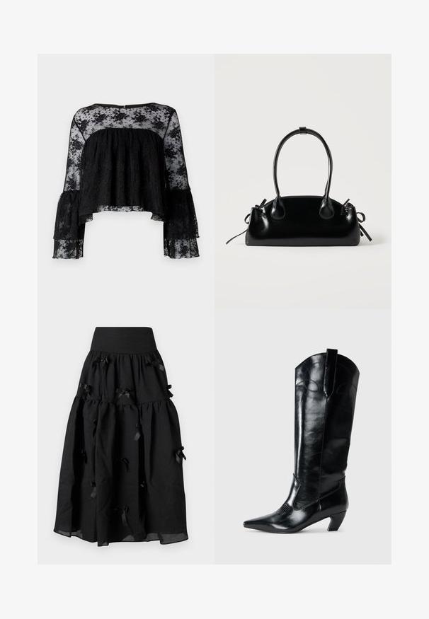 Zwarte blouse met lange klokmouwen, met een textuur van geribbeld materiaal en een doorschijnende bloemenkant overlay. Geronde halslijn en sluiting met knopen op de rug.; Sister Jane BIRDIE BOW MIDI SKIRT - A-lijn rok - black; Zwarte leren kniehoge laarzen met een spitse neus, lage hak en decoratieve stiksels aan de zijkanten. Gladde glanzende afwerking.; Kleine zwarte glanzende handtas met twee lange hengsels en zijkant trekkoord details op een effen lichte achtergrond.